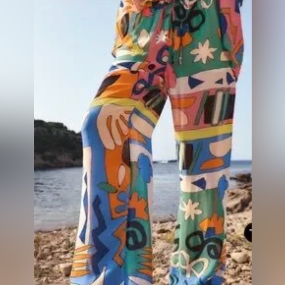Zara Colorful Abstract Wide-Leg Women's Pants NWT